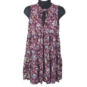 American Eagle Outfitters Floral Sleeveless Burgundy Dress Keyhole Tie Neck Med